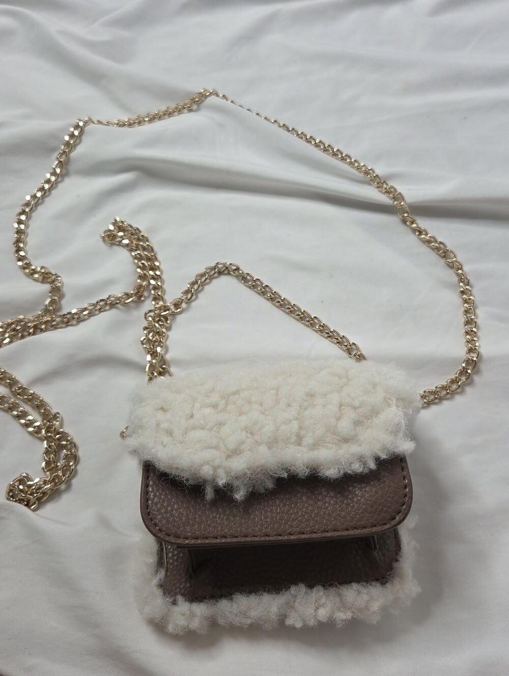 Womens Taupe Faux-Shearling Mini Crossbody Bag with Gold Chain